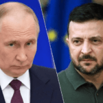 Two men are pictured side by side against different colored backgrounds. The man on the left, reminiscent of a diplomat in the Oorlog Rusland-Oekraïne 2024, is in a suit with a red tie, set against a blue background with hints of red. The man on the right wears a green shirt, standing before a blurred background.