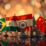 A collection of miniature landmarks from BRICS countries, showcasing their flags—Brazil, Russia, India, China, and South Africa—amidst a blurred backdrop with golden bokeh lights. This display symbolizes the BRICS hervorming van de wereldorde.