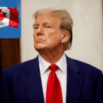Man in pak met Canadese vlag op achtergrond.