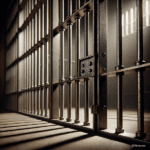 Donkere gevangeniscel met metalen traliesdeur binnenin