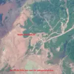 Luchtfoto van goudmijnlandschap met wegen en bossen